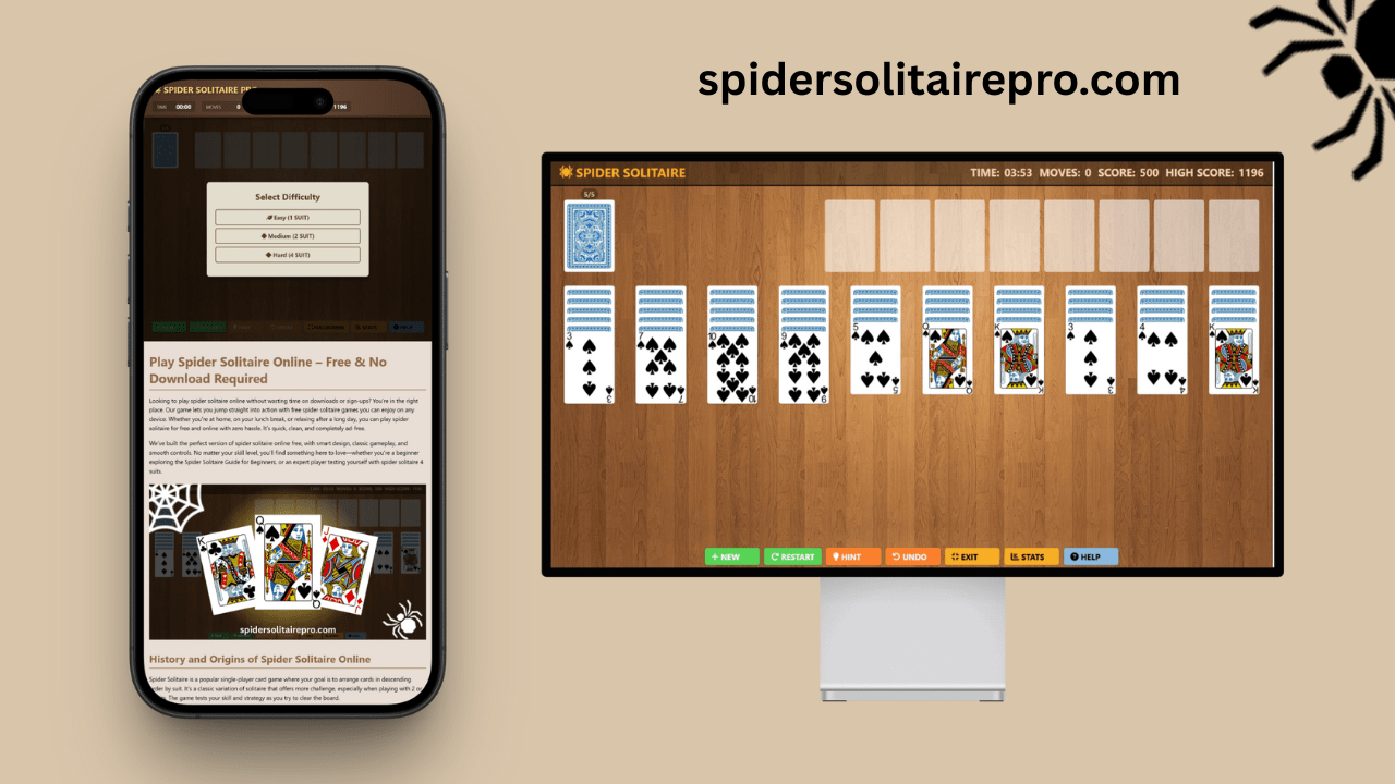 Spider Solitaire running on a phone, tablet, and desktop computer